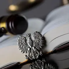 Srebrny orzeł, symbol Polski, spoczywa na otwartej księdze obok młotka sędziowskiego. Symbolika prawa i sprawiedliwości, nawiązująca do trybunału stanu.
