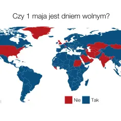 Mapa świata pokazująca, czy 1 maja jest dniem wolnym od pracy. Czerwone kraje odpowiadają "Nie", a niebieskie "Tak".