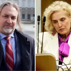 Mężczyzna z długimi włosami i kobieta w eleganckim stroju, członkowie składu Trybunału Konstytucyjnego, w centrum uwagi.