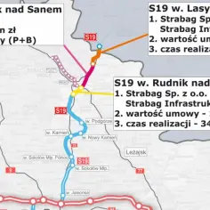 Mapa drogowa S19 Via Carpatia z zaznaczonymi odcinkami i wykonawcami.