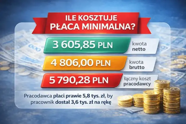 Minimalne wynagrodzenie w 2026: netto 3605,85 zł, brutto 4806 zł. Pracodawca płaci 5790,28 zł.