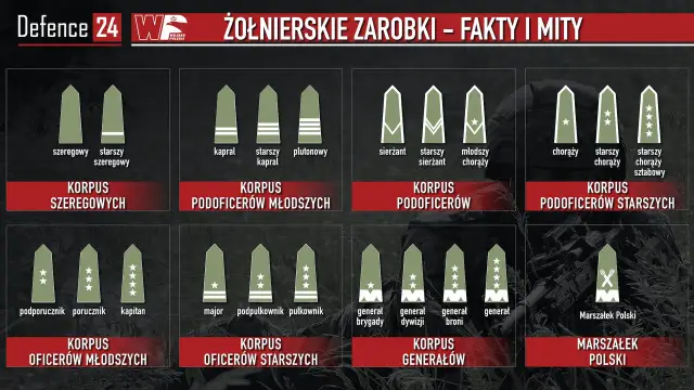 Grafika przedstawia stopnie wojskowe i ich nazwy, ilustrując zarobki w wojsku. Od szeregowego po Marszałka Polski.